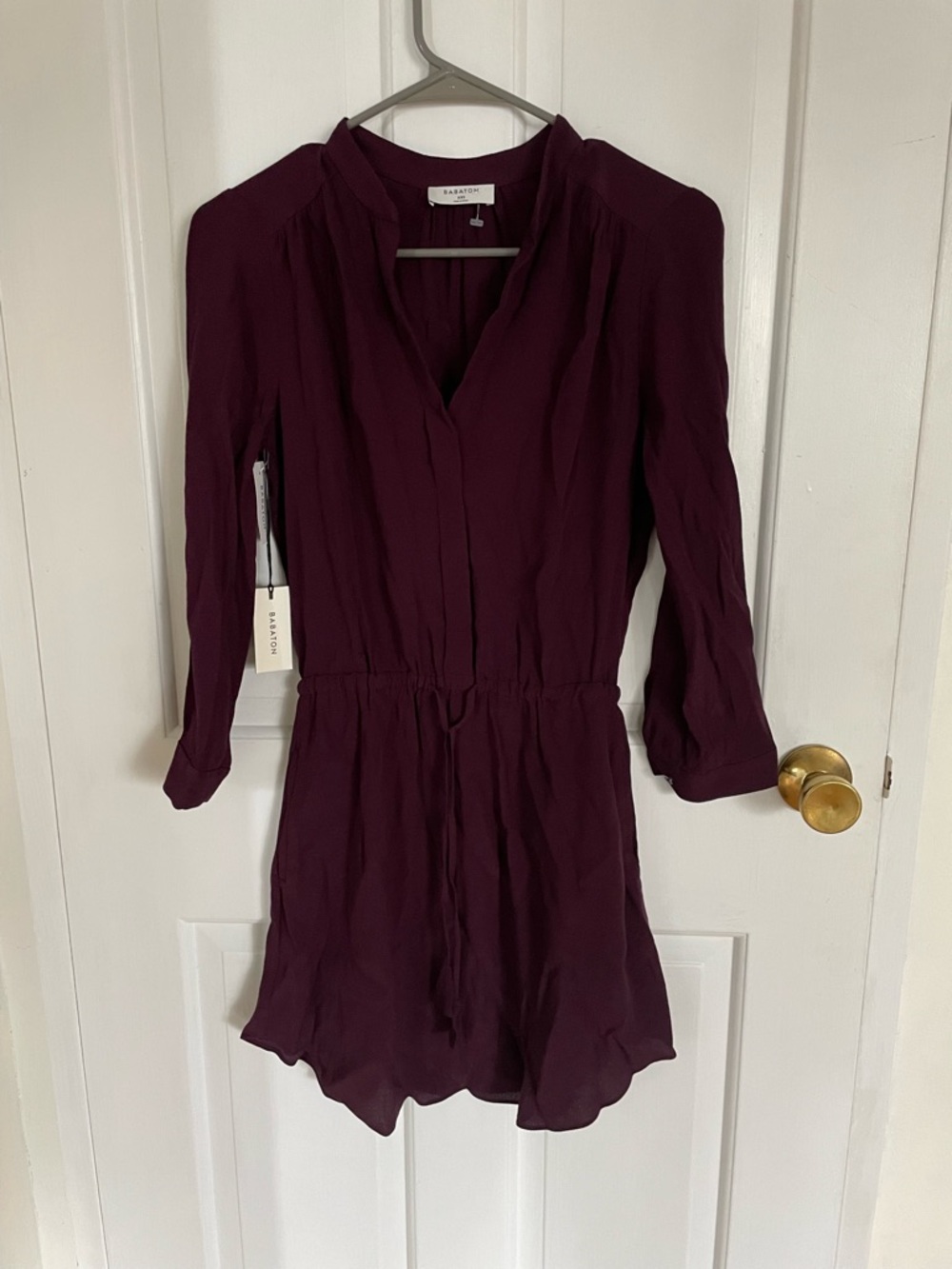 Babaton Long Sleeve V-Neck Burgundy Romper Dress